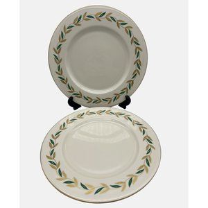 Castleton China Alberta Pair Dinner Plates USA Leaves Design Gold Trim 10.75"